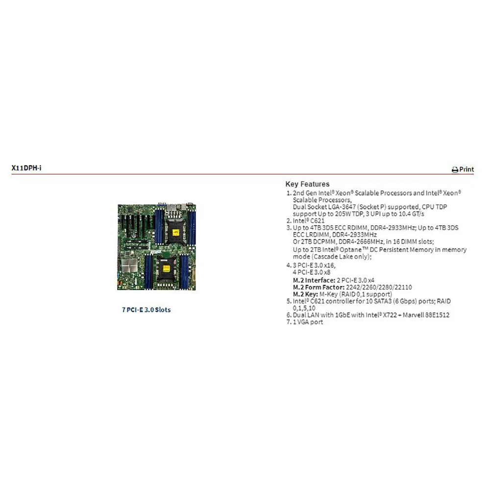 

X11DPH-I For Supermicro Server Motherboard LGA-3647 DDR4 SATA3 Xeon Scalable Processors