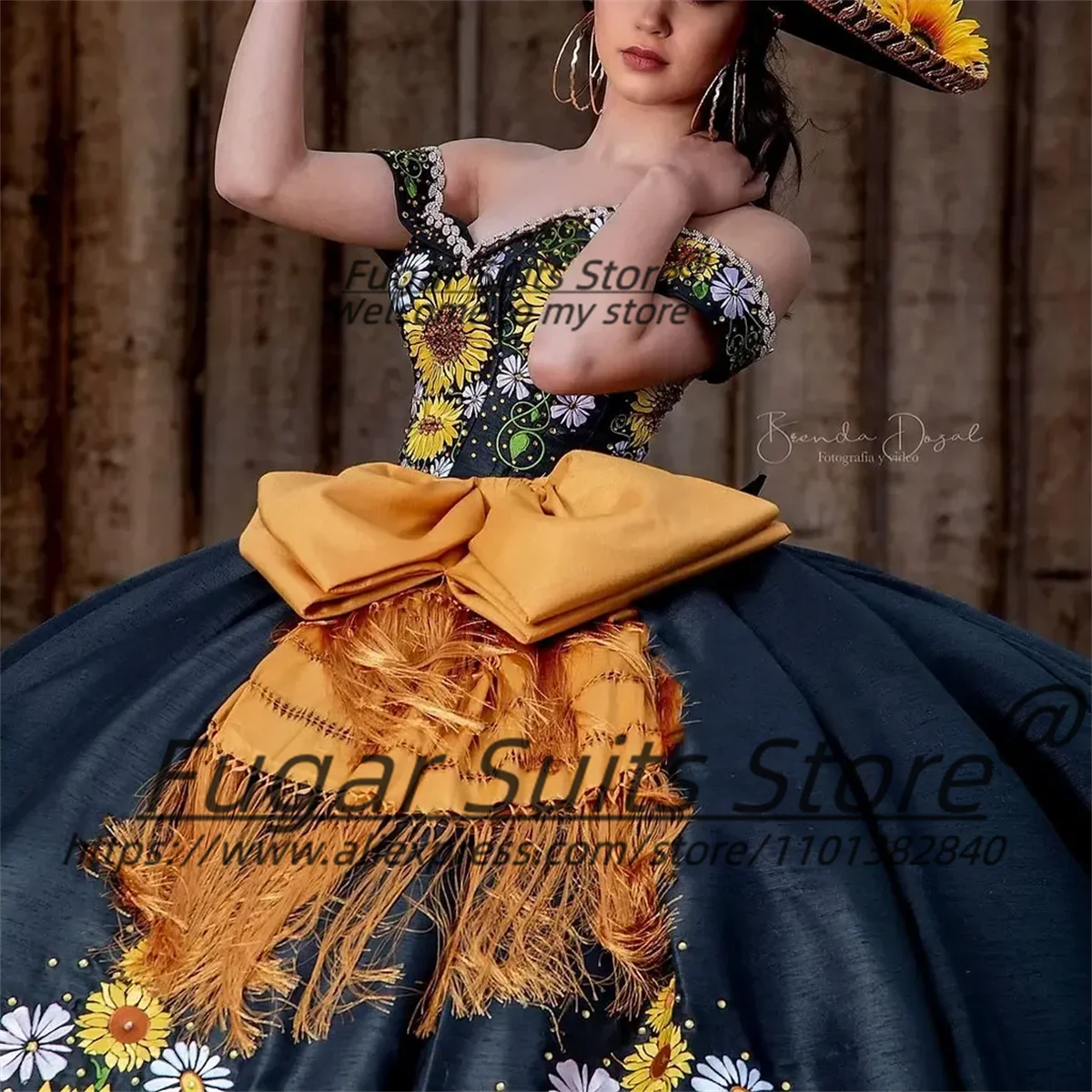 Mexican Embroidered Sunflower Quinceanera Dresses Bow Ball Gown Off Shoulder Sweet 16 Dresses