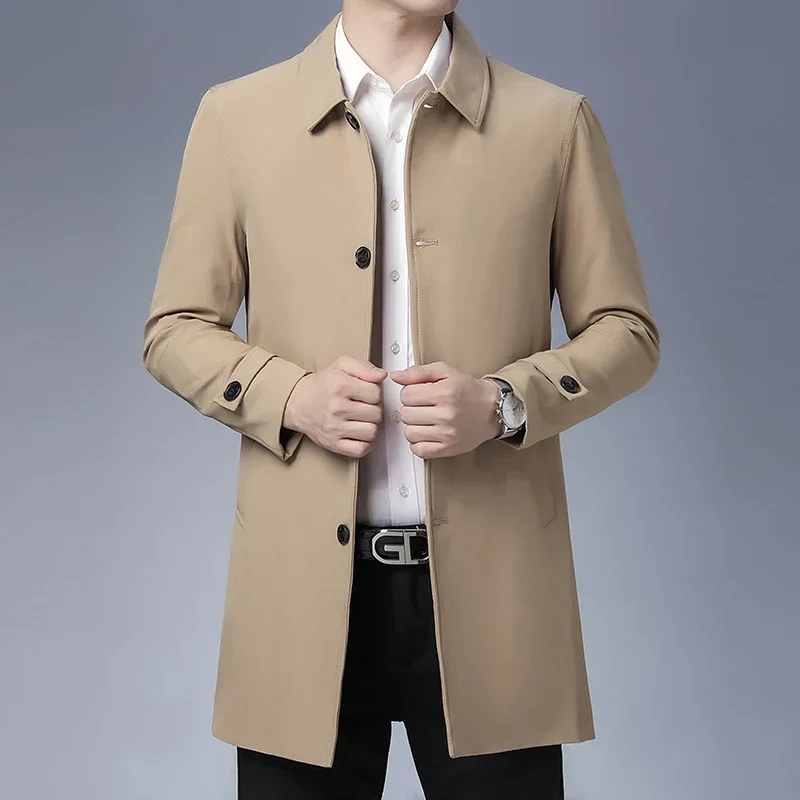 Mens Spring Jacket Men's Business Casual Black Khaki Long Jacket Top Quality Single Breasted Solid Trench Coat