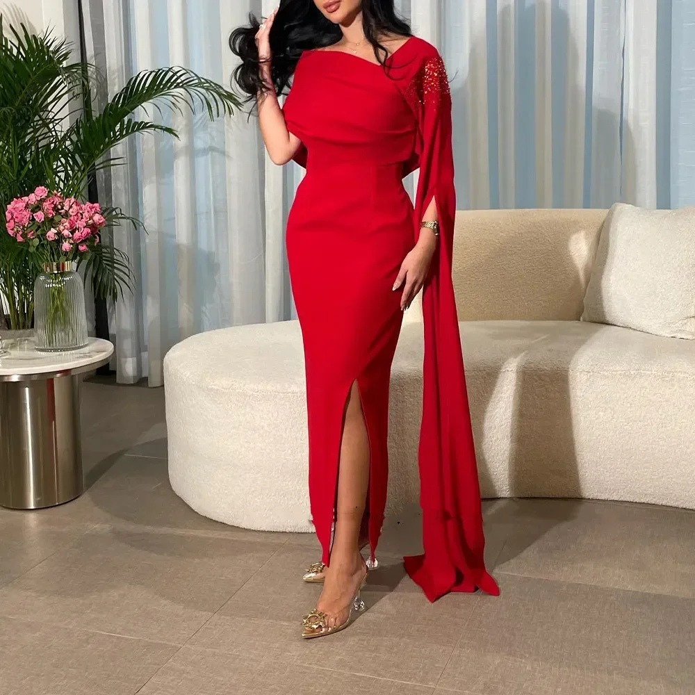 

Elegant Red Chiffon Evening Dresses Mermaid One Long Sleeve Prom Gowns Saudi Arabia Wedding Party Dress For Women Cocktail 2024