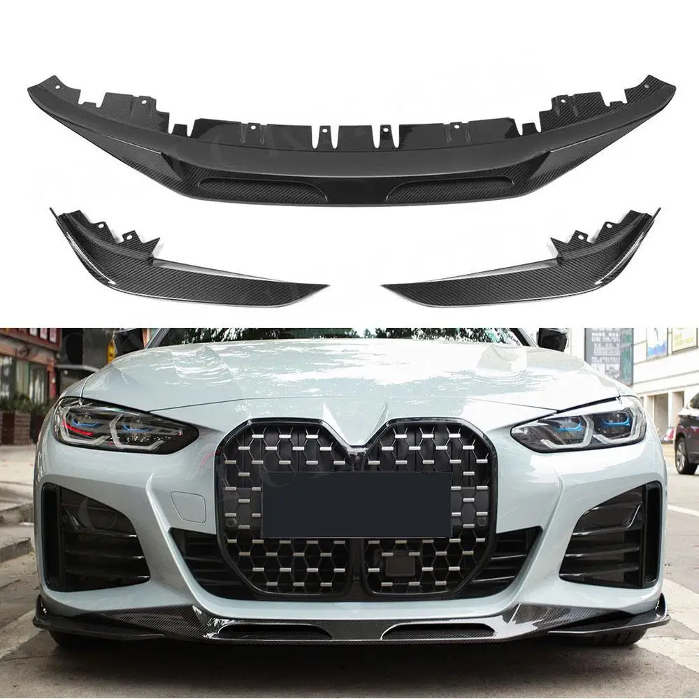 

3Pcs Dry Carbon Fiber Bumper Guard Bodykits for BMW 4 Series G26 M Sport Sedan 2020+ Front Bumper Lip Spoiler Add On Accessories