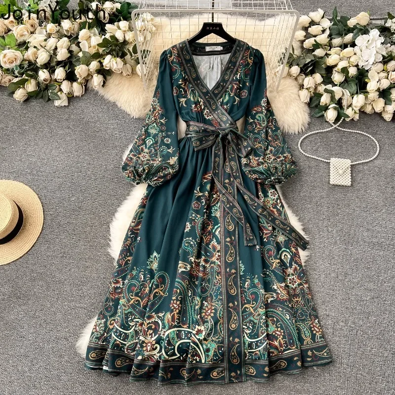 Popular trade women's clothing popular new satin retro stand-up collar lantern sleeve printed dress