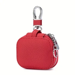 Compact PU Leather Earbud Carrying Case with Mesh Pocket & Keychain (Red)