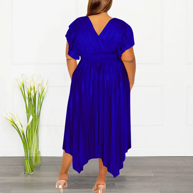 Spring Summer Elegant Plus Size Clothes Fashion Deep V-Neck Solid Color Splicing Ruffles 3/4 Sleeve Pleated Midi Long Dresses