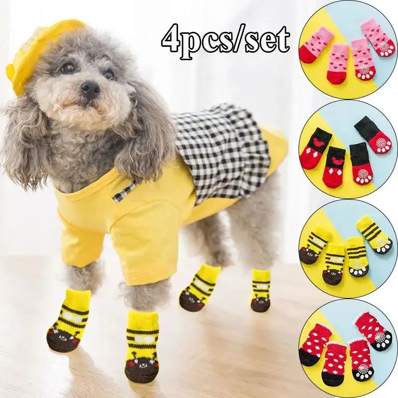 

4Pcs Cute Dog Socks Knit Warm Cartoon Anti-Slip Cats Puppy Pet Shoes Paw Protector Small Breeds Spitz York Dogs Chihuahua Teddy