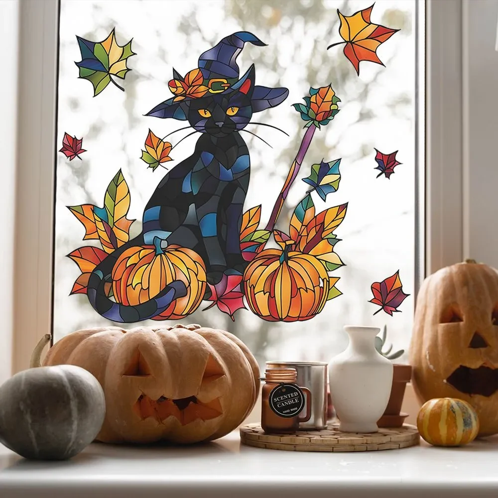 Halloween Cartoon Black Cat Pumpkin Maple Leaf Window Cling Stickers Static Cling Decoration 38x38cm