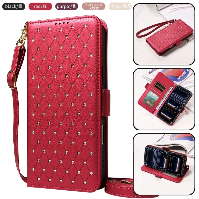 Sparkling Fragrance Leather Wallet Phone Case with Lanyard and Card Holder