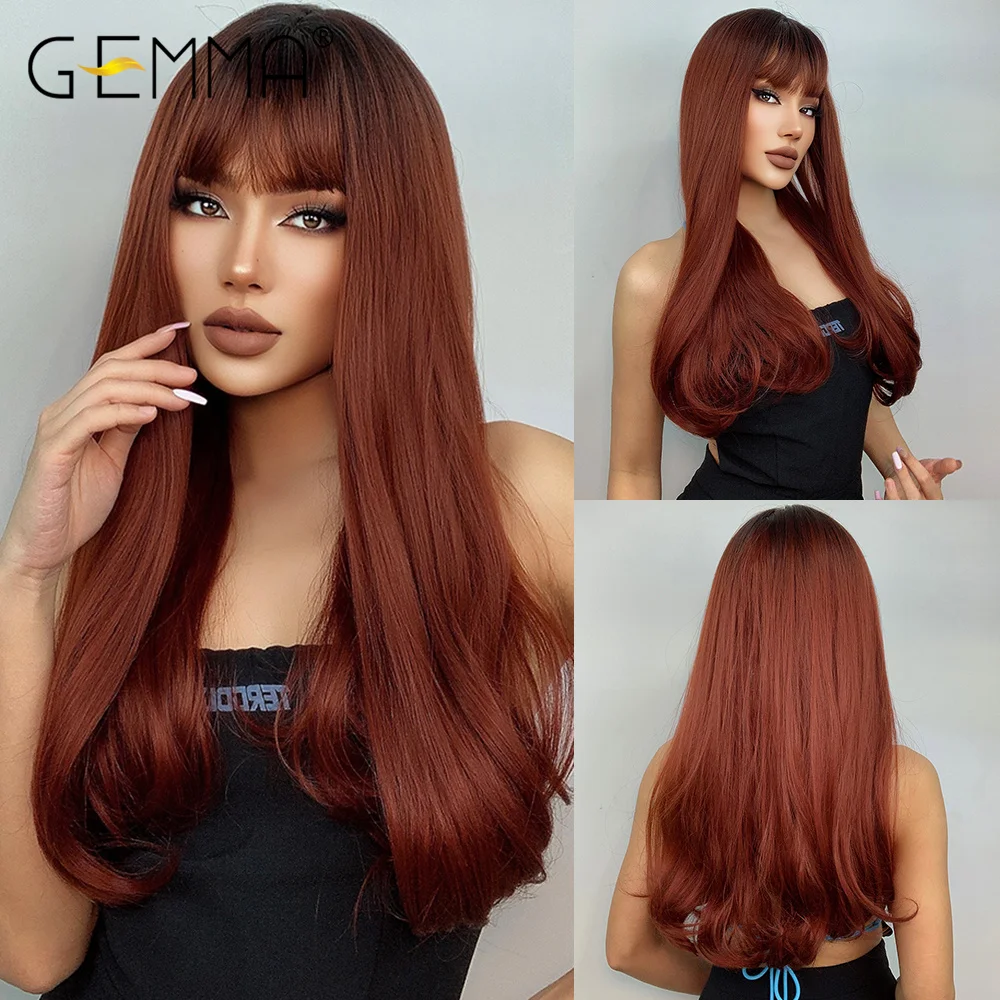 

GEMMA Long Wave Ombre Brown Wine Red Wavy Wigs for Women Synthetic Wig with Bangs Daily Party Heat Resistant Fiber Cosplay Hair