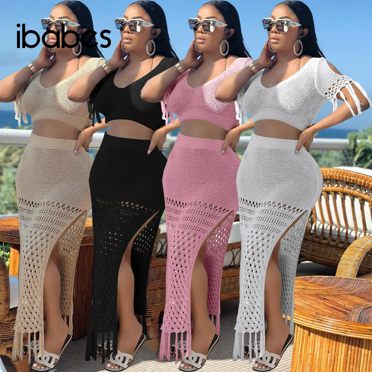 Crochet Knitted Women Beach 2 Piece Set Solid Hollow Out Tassel Crop Top High Slit Bodycon Skirts Matching Set Sexy Cover Ups cover ups tassel hollow out crochet halter cover up in apricot size s