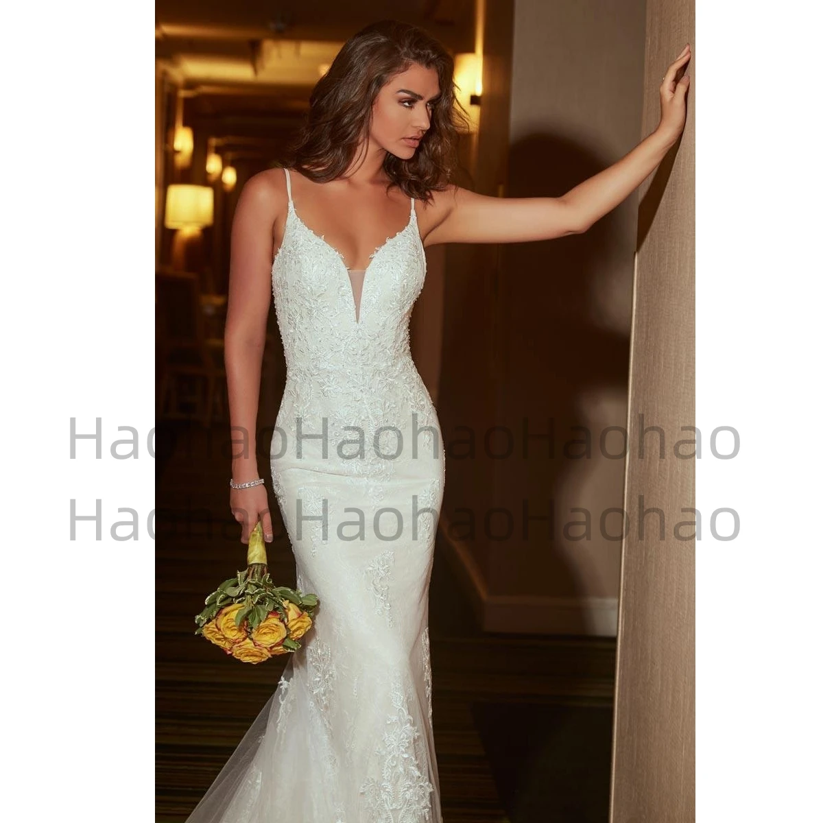 

Sexy Open-Back Mermaid Wedding Dresses Spaghetti Plunging Neckline Lace Wedding Dress Bridal Gowns Vestido De Noiva Custom Made