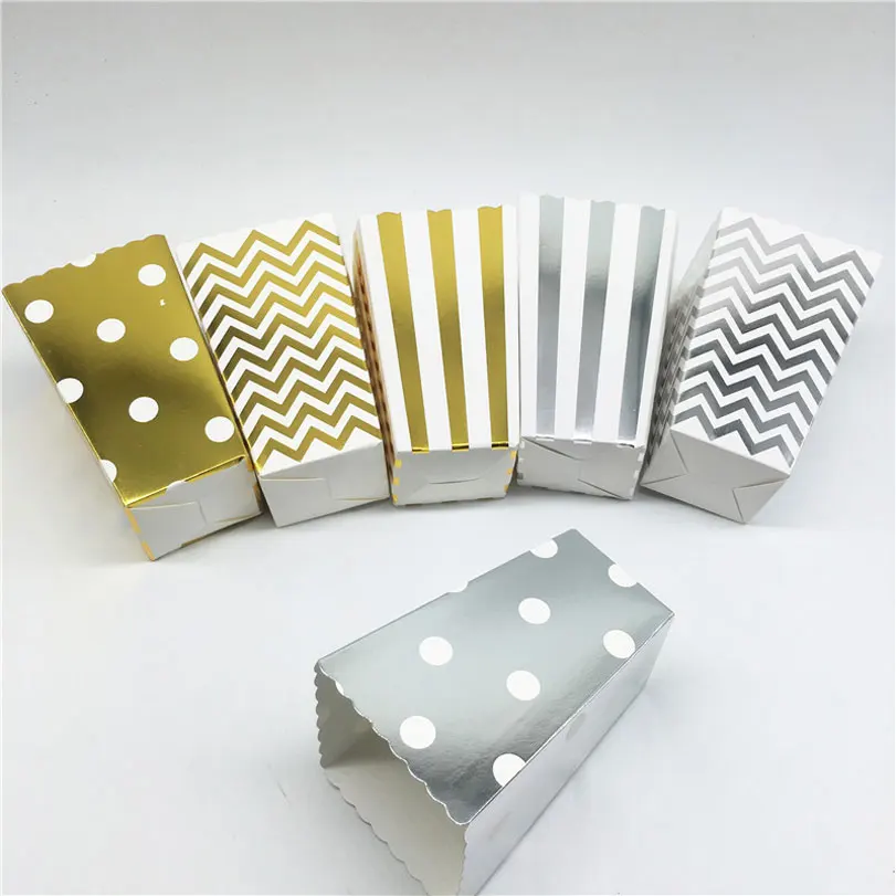 

Popcorn Gift Box Rave Party Stripe Paper Popcorn Box Movie Night Birthday Bridal Shower Set Polka Dots Candy Box Gold and Silver