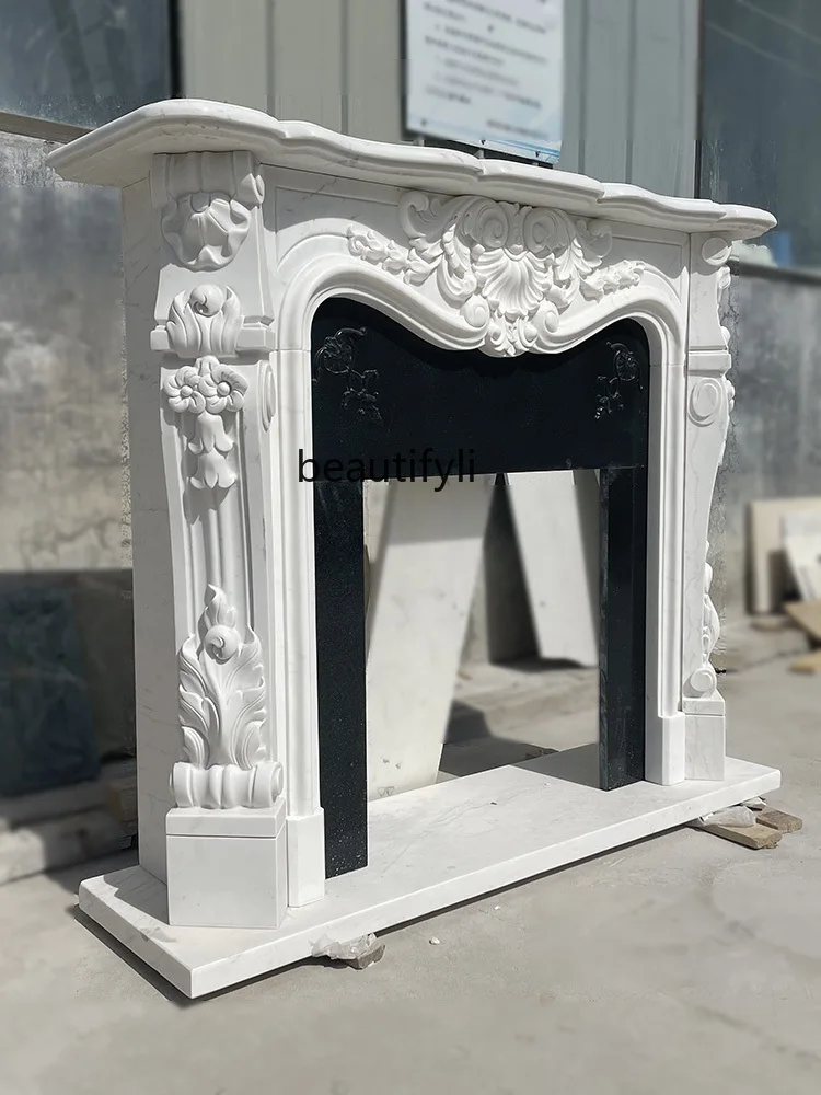 大理石製 マントルピース アイボリー系 彫刻装飾 アンティーク 幅150