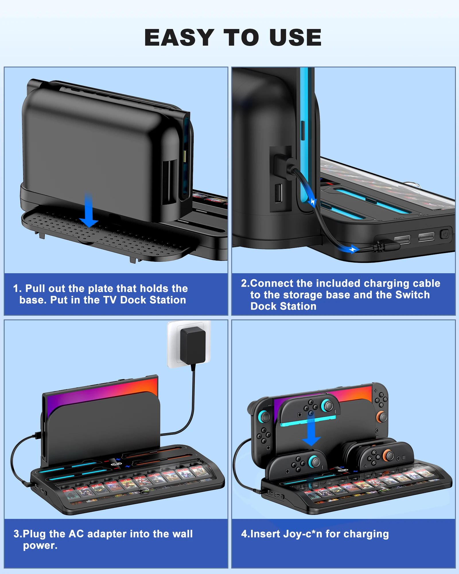 BEBONCOOL SC200 Switch2 충전 도크 4-컨트롤러 고속 충전 20 게임 카드 보관 2 USB 듀얼 레이어 파티 게임