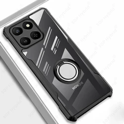 Clear Crystal Acrylic Shockproof Case with Magnetic Holder Ring and Armor Cover for Honor X7d 5G (Black - 01)
