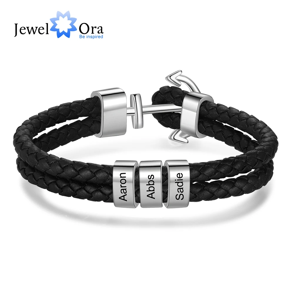 

Personalize Men Beads Charm Bracelets Family 2 3 4 5 Names Rope Bangle Black Jewelry Gift for Father Dad Grandpa Husband