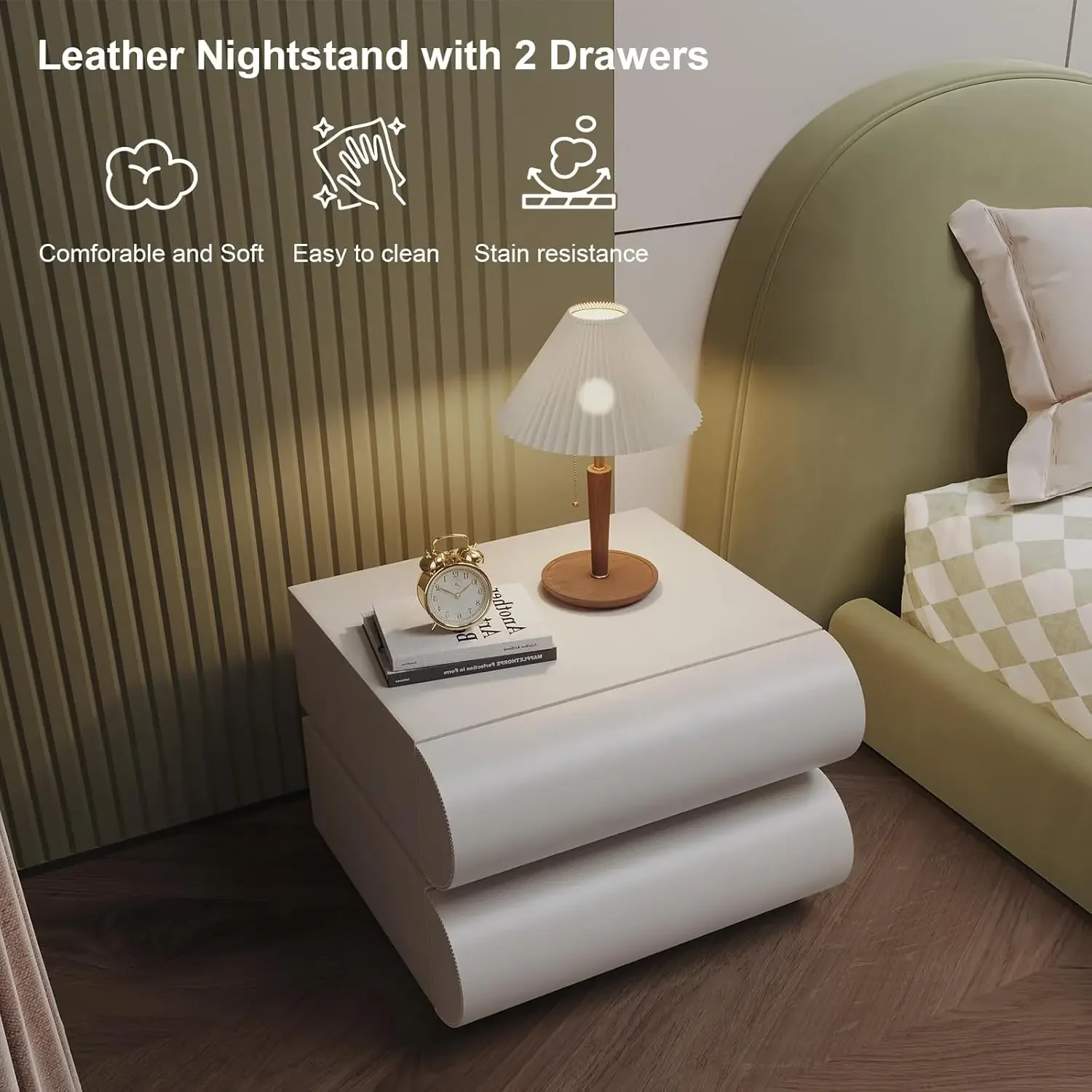 Nightstand with 2 Drawer, Bedside Table with Microfibre Leather, Fashion Night Stand for Bedroom, No Assembly Required-White 5