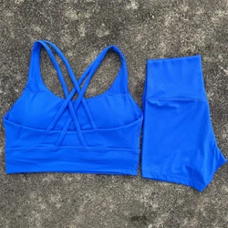 Women's 2 - Piece Yoga and Fitness Outfit - Cross Straps Bra & High Waist Shorts - M (Electric Blue Set)
