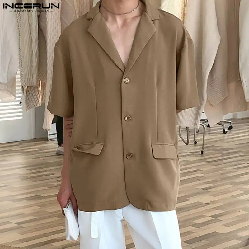 

Men Blazer Solid Color Lapel Short Sleeve Streetwear Casual Suits Men 2023 Button Korean Loose Fashion Thin Coats S-5XL INCERUN
