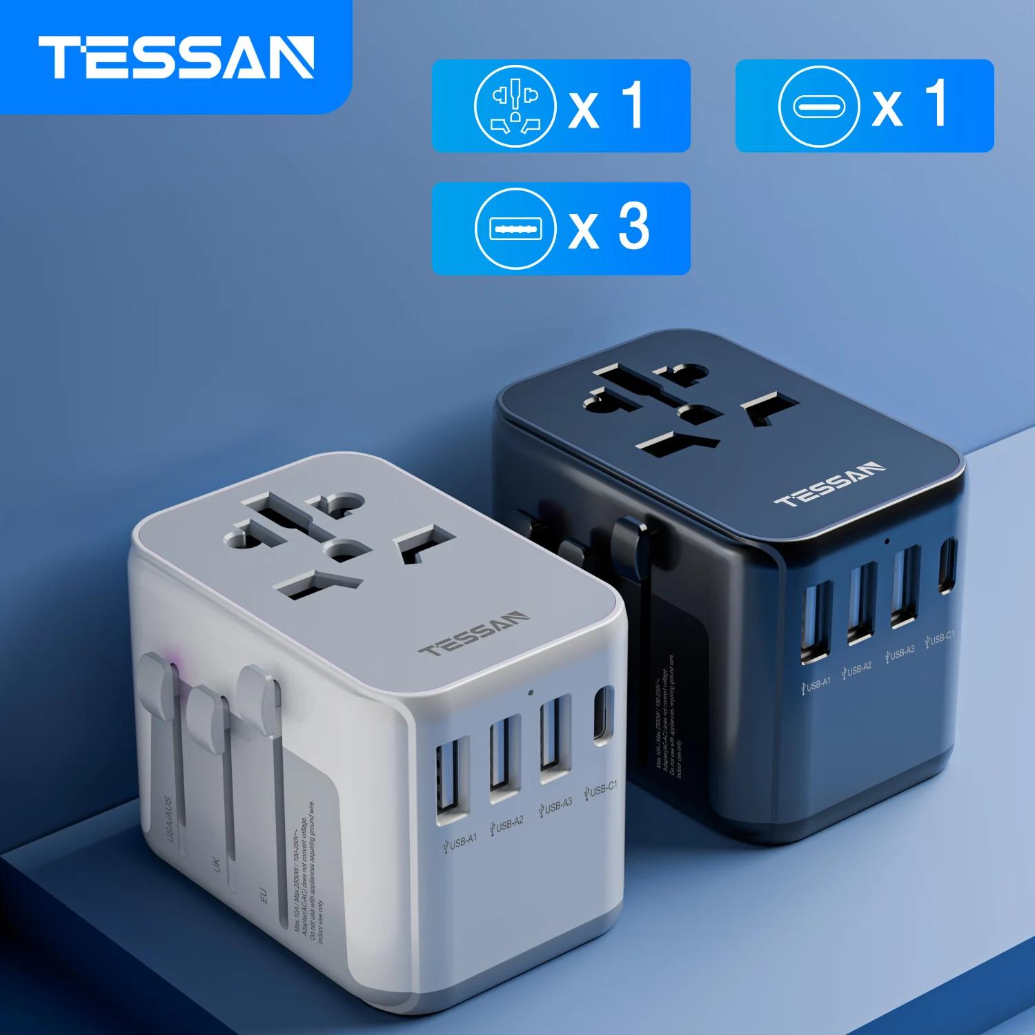 Универсальный дорожный адаптер TESSAN с USB-портом и разъемом типа C, адаптер питания по всему миру, вилка EU/UK/USA/AUS для путешествий