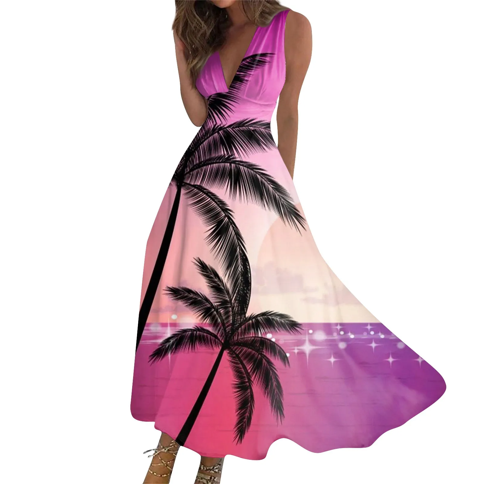 

Women's Summer Fashion Hawaiian Print V-Neck Sleeveless Tunic Casual Dresses vestido feminino soltinho robe été pour femme 2024