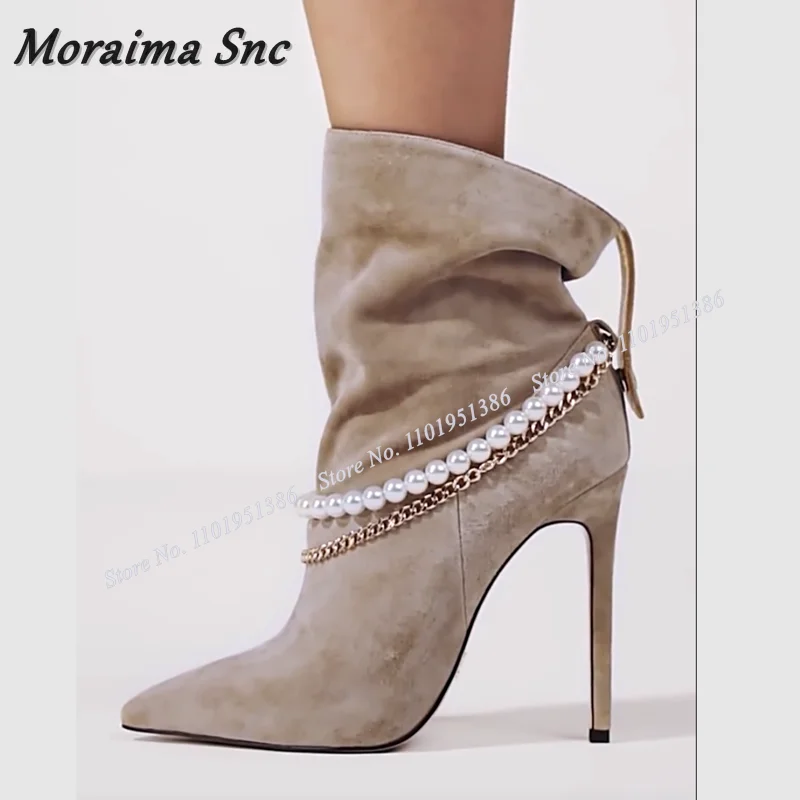 

Moraima Snc Slip on Pearl Decor Ankle Boots Khaki Chain Decor Pleated Pointed Toe Shoes for Women High Heels Zapatillas Mujer
