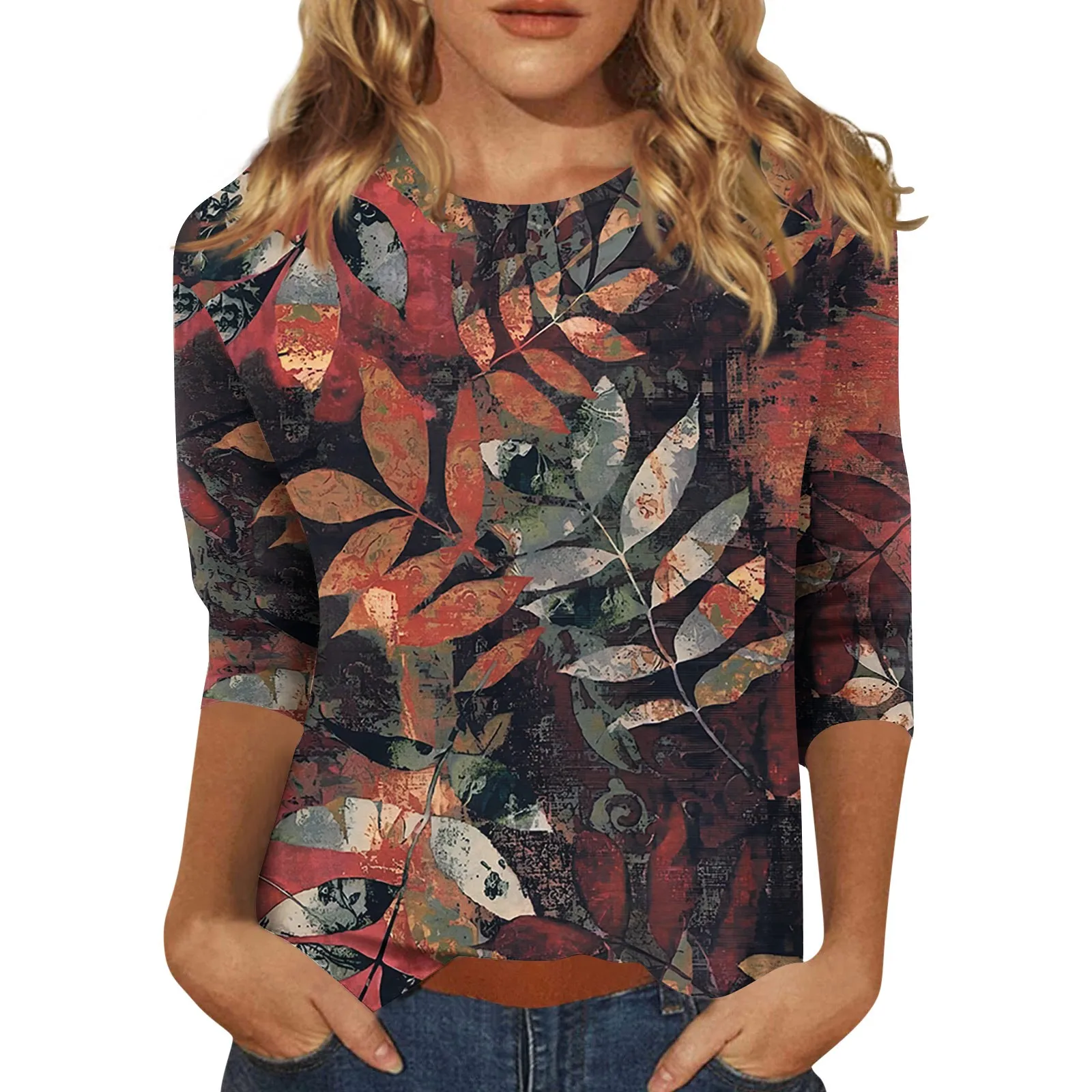 

Женская модная повседневная свободная футболка с круглым вырезом и рукавом 3/4, женский топ с принтом, зимняя одежда для женщин