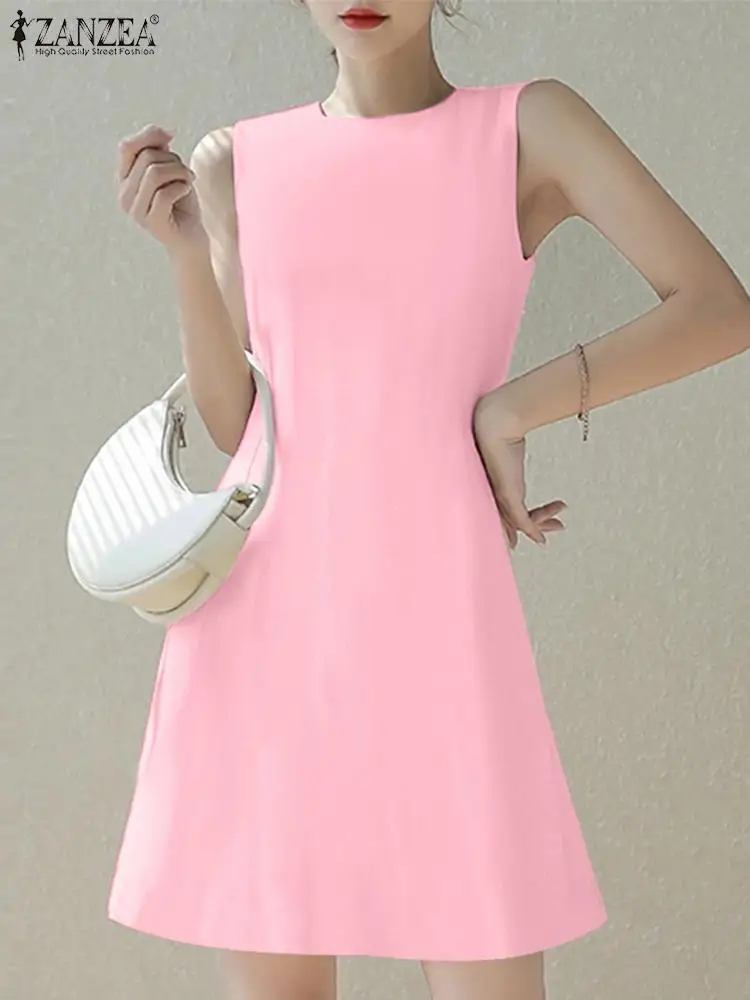 

ZANZEA Summer Casual Tank Dress Elegant Pink Vestidos Women Korean Style Mini Dress Round Neck Sleeveless Fashion Short Robes