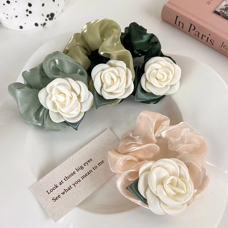 White Rose Hair Rope Flower Scrunchies Elastic Rubber Bands Organza Mesh Large Intestine Ring Romantic Accessories |