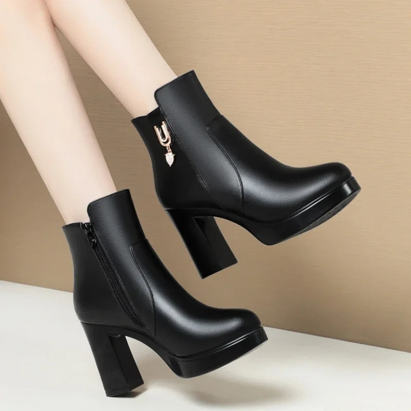 

Comfortable 7cm 9cm Thick Bottom Platform Boots Women Shoes Winter 2023 Block High Heels Ankle Boots Soft Leather for Office Mom