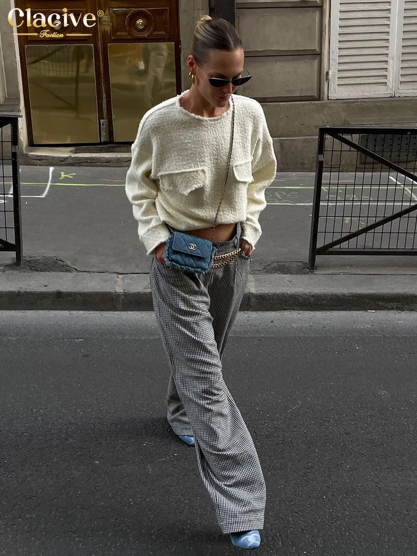 

Clacive Casual Loose Houndstooth Women'S Pants Vintage High Waist Wide Pants Elegant Classic Full Length Trousers Streetwear