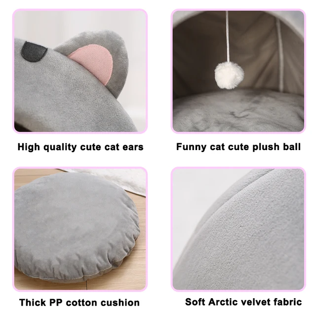 Cozy and comfortable cat bed with reversible cushion and dangling ball toy