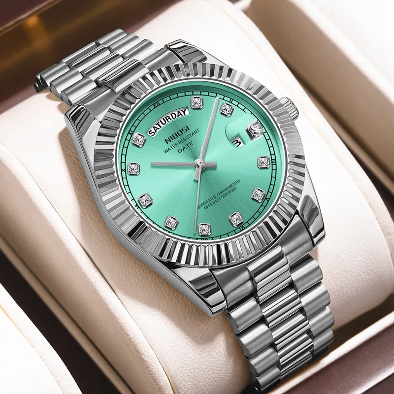 NIBOSI 남성용 럭셔리 시계, 날짜 주간 방수 야광 다이아몬드, 석영 스포츠 시계, 스테인레스 스틸 시계 