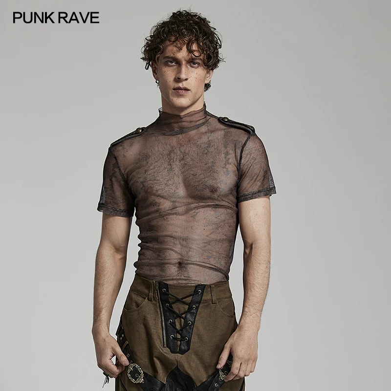 

PUNK RAVE Men's Doomsday Abstract Printed Mesh Slim Fit T-shirt Seamless Stand Collar Personality Casual Tops Tees Summer