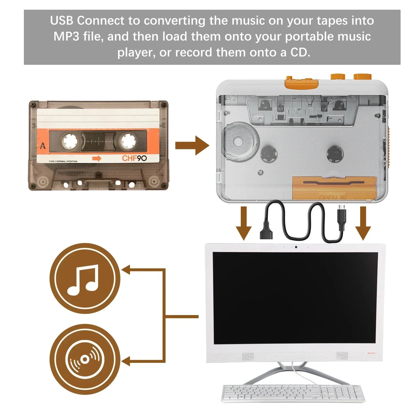 New Portable Cassette Player Walkman Tape Player, USB Cassettes Recorder MP3/CD Audio Auto Reverse USB Cassette Tape Player