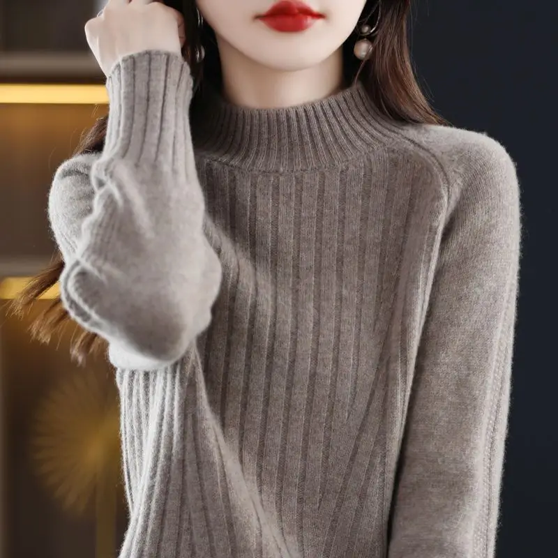 

Half high o neck draw strip pure pullover sweater women autumn and winter loose knitted sweater top all-match pullover sweater