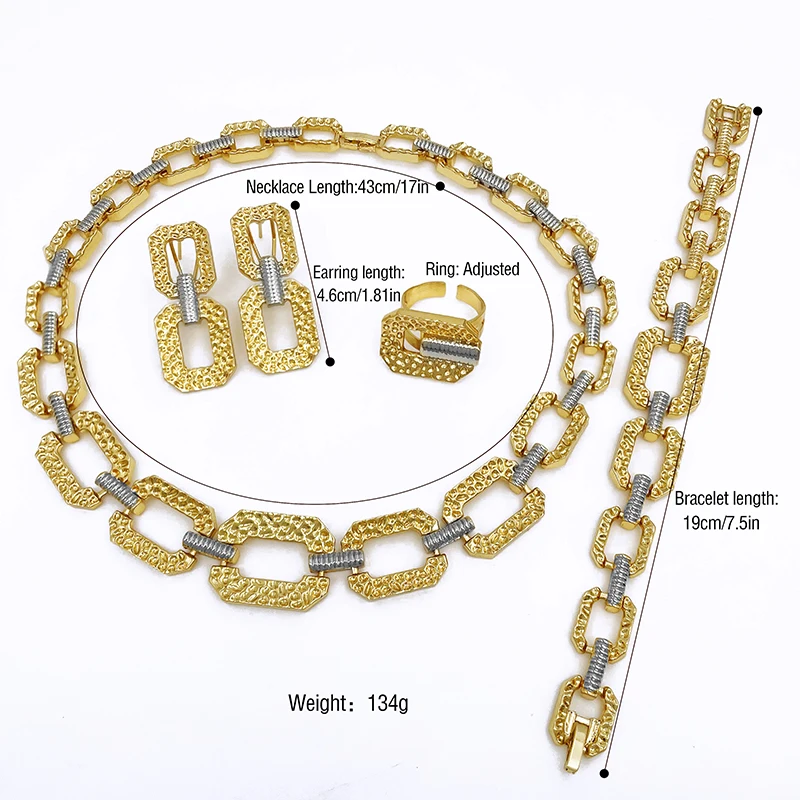 Unique Two Tone Women Jewelry Set 18K Gold Plated Necklace Earrings Bracelet Ring Dubai Set Jewelry Wedding Party Accessories