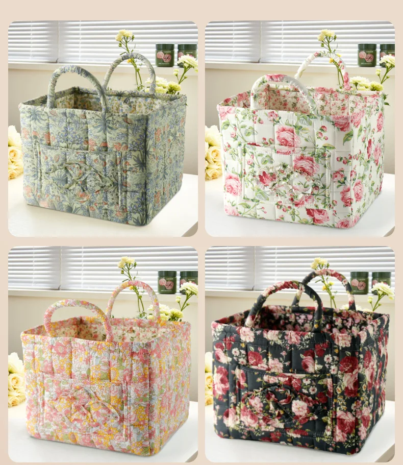 French Pastoral Style Storage Baskets Cotton-Filled Organizer for Underwear/Toys Machine Washable 33x27x26cm Foldable Hamper