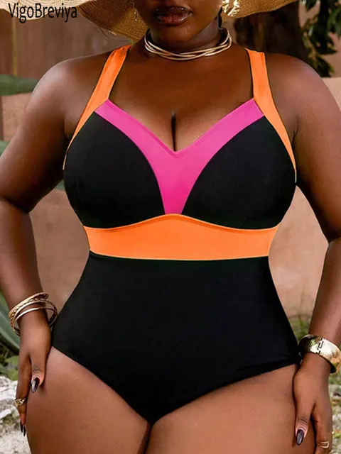 VigoBreviya 2025 Solid Patchwork Plus Size Swimwear Women Strapped Chubby Curvy One Piece Swimsuit Lady Large Big Bathing Suit 1
