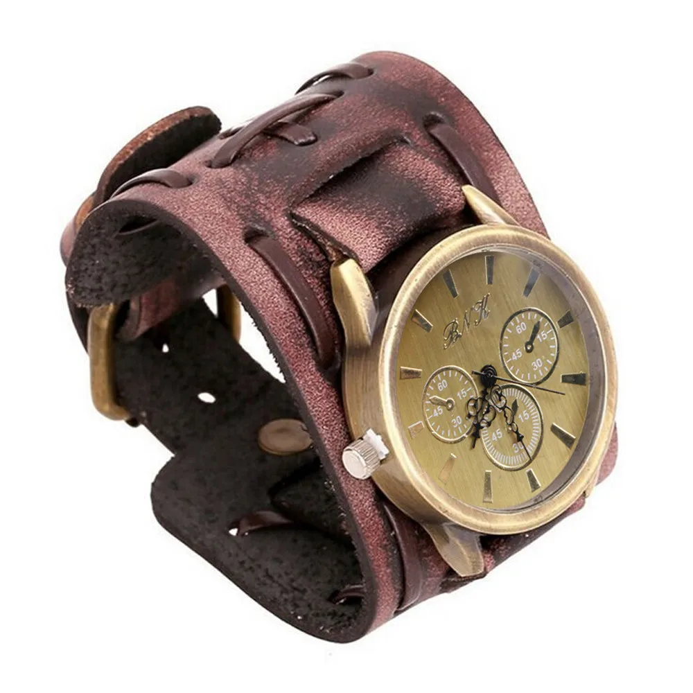 

Style Retro Punk Brown Big Wide Leather Bracelet Cuff Men Watch Cool Bn Reloj Hombre Masculino Watch For Men RelóGio