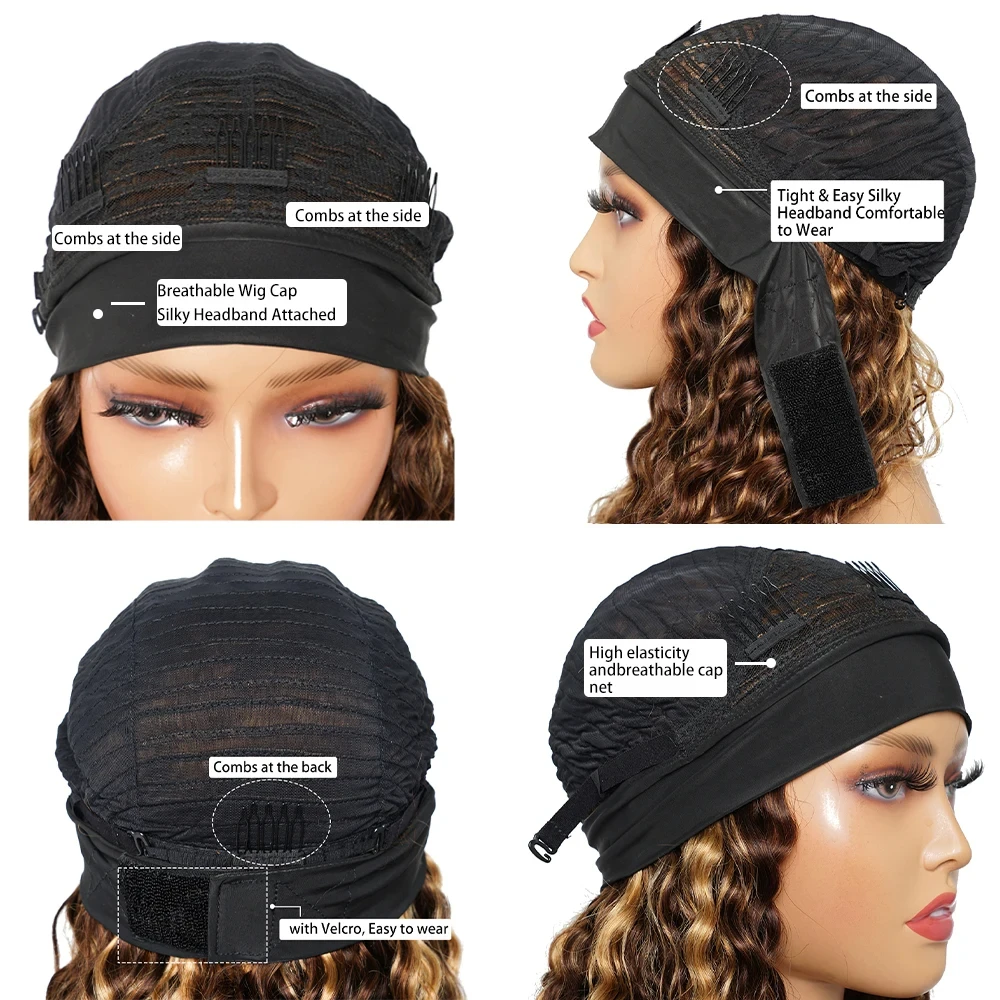 Highlight Headband Wig Human Hair 180 Density Water Wave Human Hair Wigs Honey Blonde Colored Full Machine Made Wig