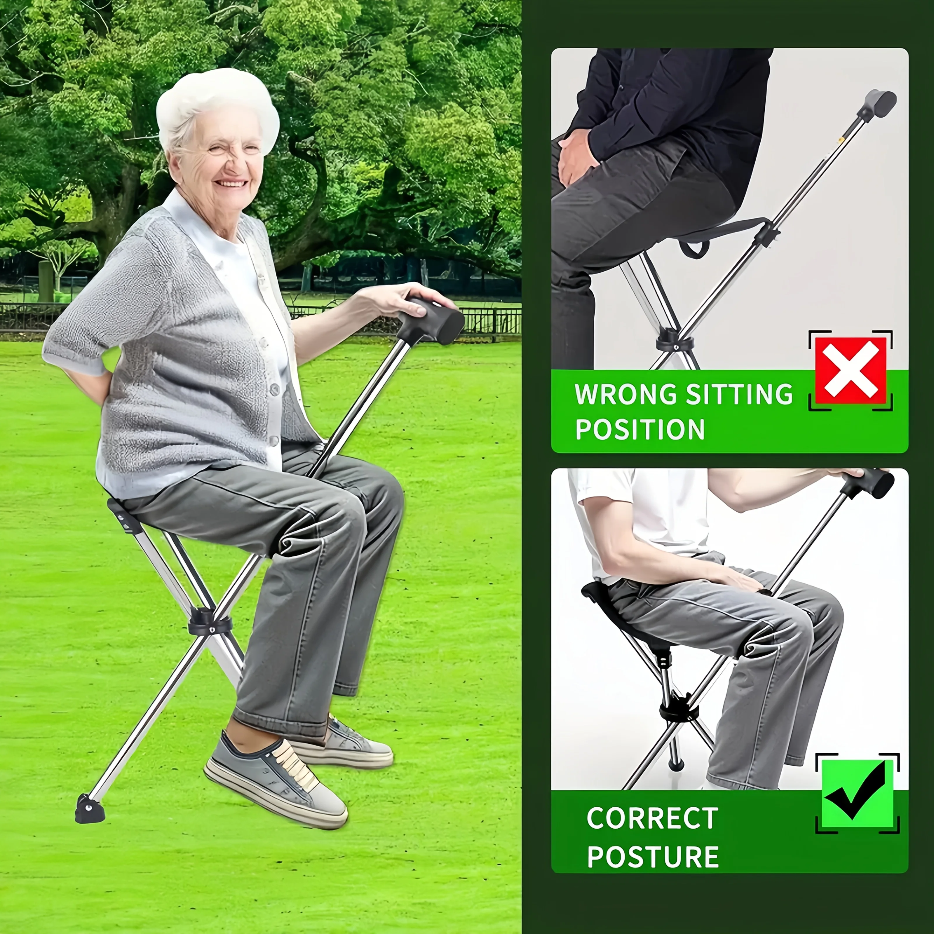 2-in-1 Folding Cane Stool, Non Slip Base and Ergonomic Grip, Lightweight, Suitable for Hiking, Camping, and Travel