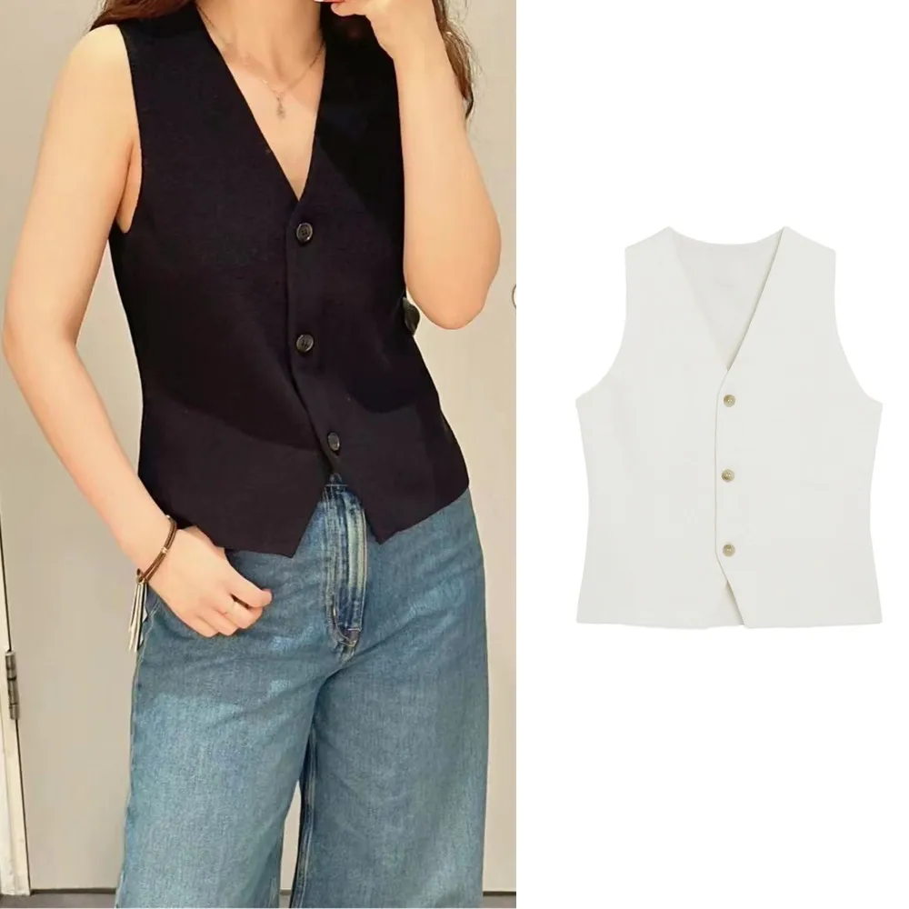 

PB&ZA Women's 2024 Summer New European and American Style Slim Casual Standard Fit V-neck Knitted Vest 1151934001