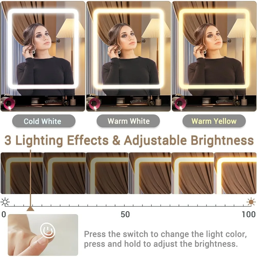 Corner Vanity Desk with Lighted Mirror, Makeup Vanity with Lights and Charging Station, Vanity Set with Mirror and Storage Stool