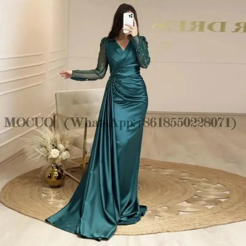 

Dark Green Evening Dress for Wedding Party Satin Beaded V-Neck Long Sleeves Vintage Mermaid Prom Gowns Celebrity Dress