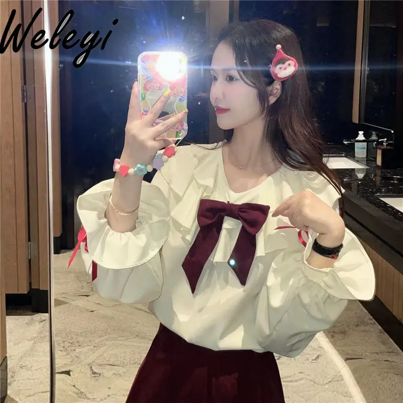 Sweet Japanese  Doll Neck Bow Shirt Female Student Autumn Fashion Versatile Academy Style Uniform Autumn Red Ear Strap Dress