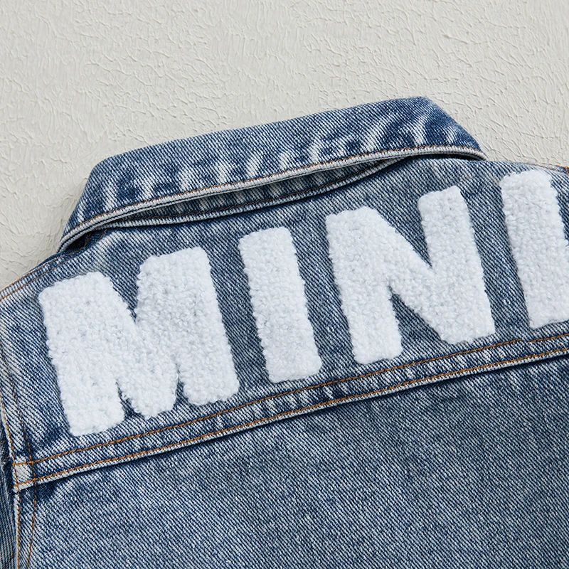 VISgogo 0-3 Years Toddler Boy Girl Denim Jacket Back Letter Embroidered Lapel Neck Long Sleeve Front Button-up Fall Tops