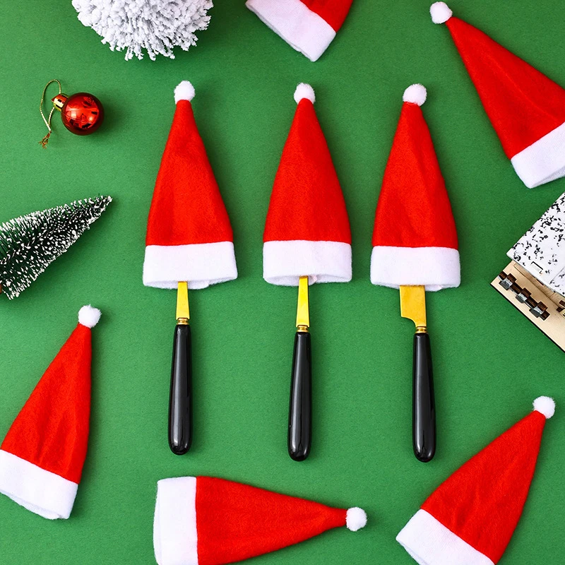 10Pcs Christmas Hats Mini Santa Claus Hat Lollipop Caps Wine Bottle Covers for Xmas Dinner Decoration New Year Party Supplies