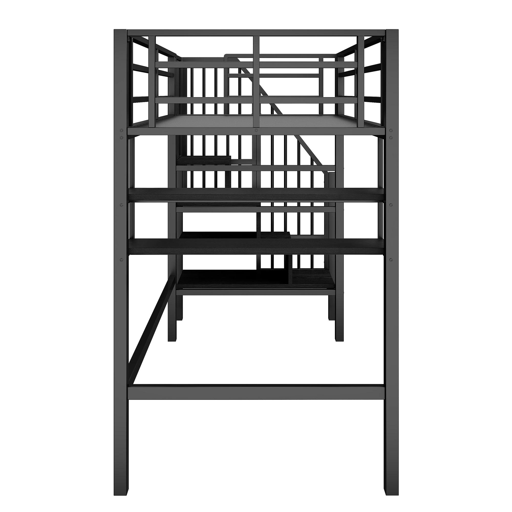 Hochbett, 90*200cm, Regale, Aufbewahrungstreppe, Stauraum unter dem Bett für Verkleidung, Geländer, ohne Matratze, schwarz – Detail 13