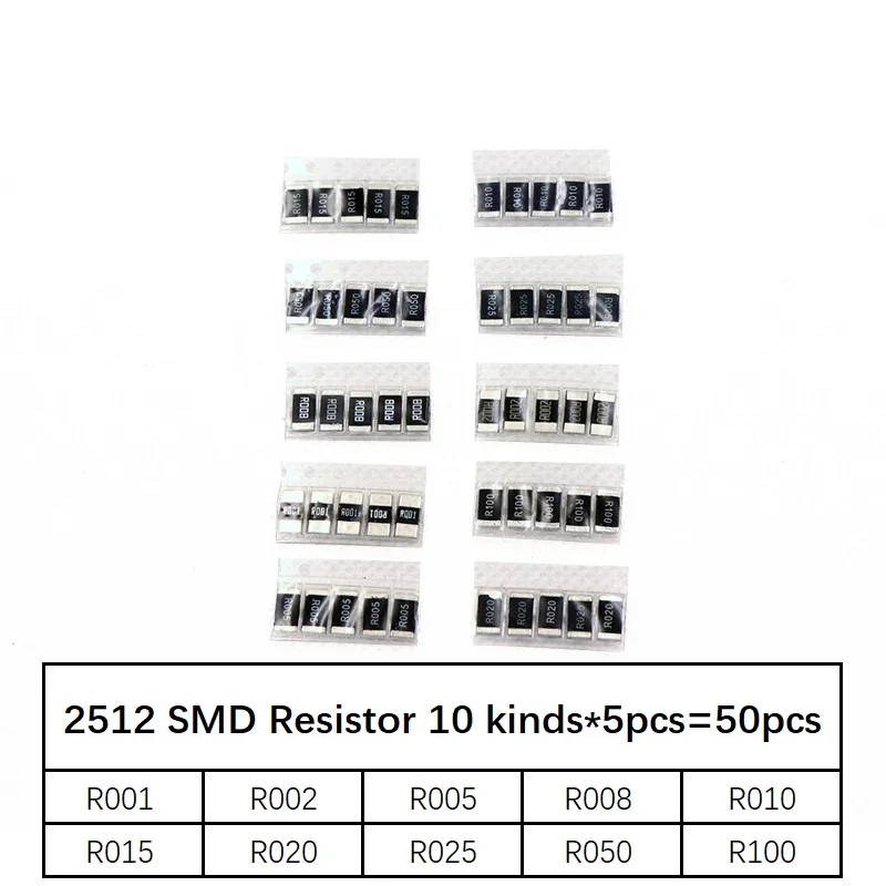 50PCS Alloy resistance 2512 SMD Resistor Samples kit,10 kindsX5pcs=50pcs R001 R002 R005 R008 R010 R015 R020 R025 R050 R100