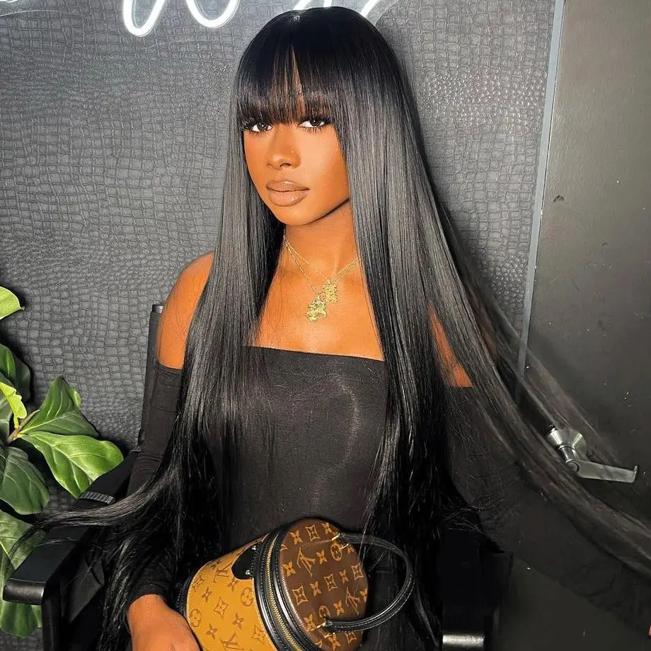 

Straight 34 Inch Long Fringe Hair Wig Straight Cheap Full Machine Made With Bangs Glueless Brazilian Human Hair Wigs For Women